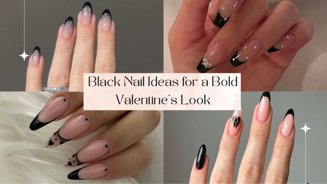 black nail ideas, black valentines nails, valentine nail ideas, valentines nails, valentine's day nails, acrylic nail ideas